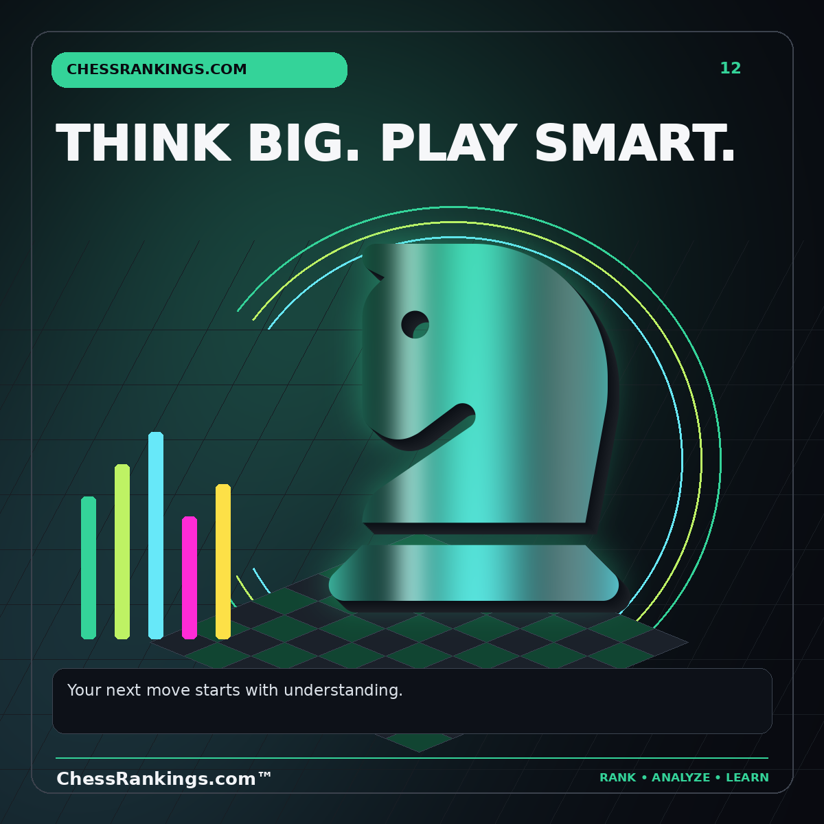 Neon chess knight with rising ranking bars